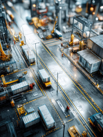 A futuristic factory shutdown shows empty floors, paused machines, and idle vehicles, highlighting supply chain disruption.の素材