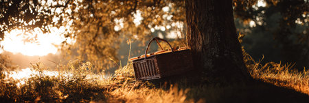 Warm sunlight casts a beautiful glow, illuminating a picnic basket resting against a tree trunk by the water during the golden hour of late afternoon.の素材