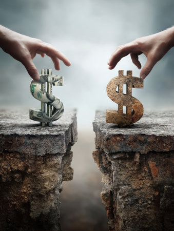 Two hands grasp distinct currency symbols poised over a cliff, representing a stalemate between contrasting financial decisions.の素材