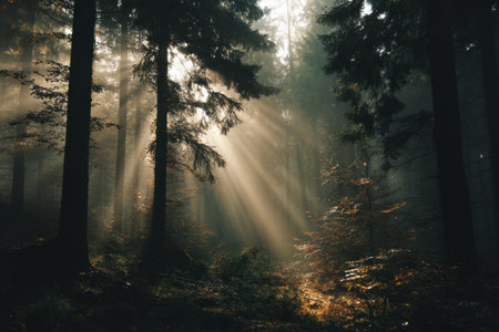 Warm beams of sunlight slice through fog in a serene forest, creating a peaceful atmosphere during the early morning hours.の素材