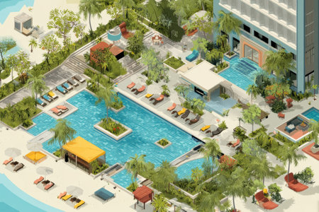 Explore a luxury spa and pool retreat with stunning landscapes, vibrant pools, and tropical palms, inviting guests to unwind in a serene environment.の素材