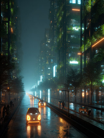 In a lively smart city at night, autonomous cars navigate neon-lit streets adorned with vertical gardens, crafting a vibrant urban scene.の素材