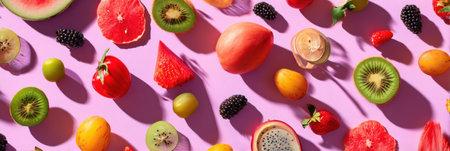 A variety of fresh summer fruits are artistically arranged on a bright pink surface, ideal for a cheerful picnic in the warm season with diverse flavors.の素材