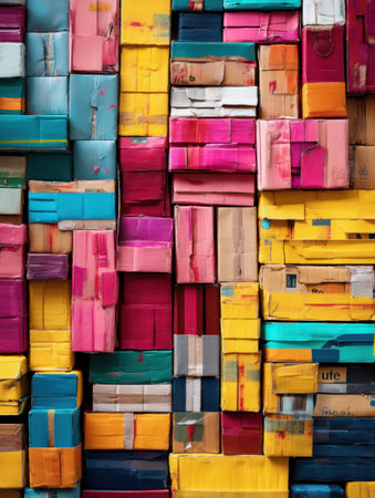Brightly flattened delivery boxes create an abstract art piece filled with shades of blue, red, yellow, and pink, showing creativity and sustainability.の素材