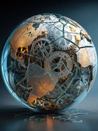 A cracked globe reveals complex factory gears inside, representing the interconnectedness of global supply chains and industrial processes in modern society.の素材