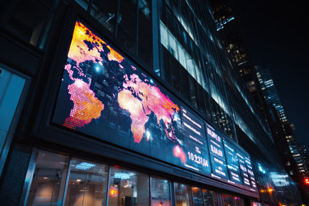 Illuminated digital billboard shows a colorful world map and real-time order data, enhancing the vibrant night atmosphere of the bustling city.の素材