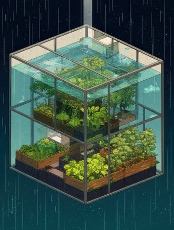 A detailed floating greenhouse cube features multiple plant layers, vibrant greenery, and a water-filled top, highlighting the beauty of sustainable ecosystems.の素材