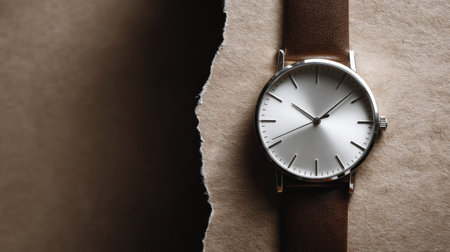 A sleek watch with a leather strap is placed on textured paper, showing its minimal design against a soft background with a torn edge.の素材