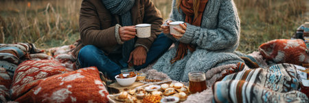 Couple enjoys a warm picnic on a chilly winter day, surrounded by comfortable blankets and cozy hot cocoa, creating a romantic atmosphere.の素材