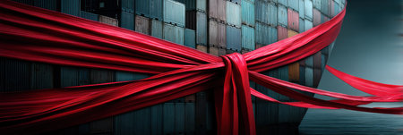 Red tape is wrapped around a cargo ship at dock, symbolizing the challenges faced by international trade and shipping due to restrictions and regulations.の素材