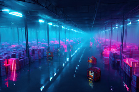A vast warehouse drone pulses with neon colors as illuminated packages await processing. Reflections in the wet floor enhance the cyberpunk atmosphere.の素材