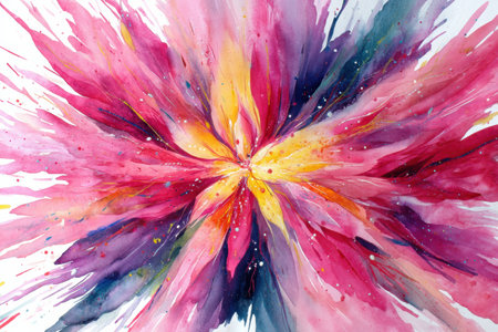 Explosive color spread showcases a bright burst of watercolor, resembling an abstract flower in a beautiful arrangement of vibrant hues and patterns.の素材