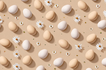 A delightful arrangement of eggs and small white flowers scattered across a soft beige background, perfect for spring-themed designs and decorations.の素材