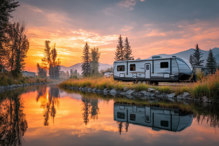 A travel trailer is parked peacefully by a lake, capturing the vivid colors of the sunset in its reflection. Trees silhouette against the bright sky.の素材