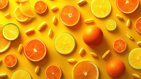 Bright yellow background showcases whole and sliced oranges along with vitamin C supplements, highlighting the importance of citrus in health.の素材