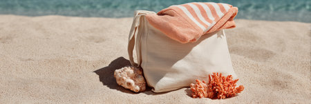 A beach bag half open reveals coral and a towel, resting on the warm sand while gentle waves lap at the shore, creating a serene coastal atmosphere.の素材