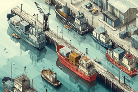 Cargo remain ships anchored in a serene harbor, surrounded by industrial buildings and piers under a bright sky during business hours.の素材