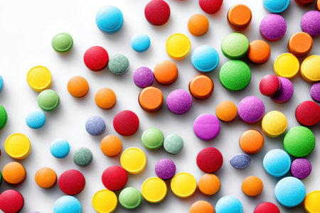 Colorful pills in various shapes and sizes are scattered across a bright white surface, forming a captivating display that draws attention and sparks curiosity.の素材