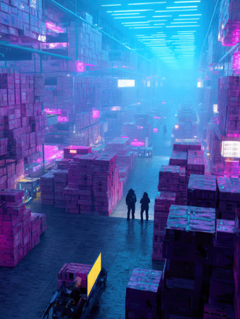 Neon-filled warehouse bustling with drones and packages showcases a cyberpunk atmosphere. Shadows of figures hint at an advanced delivery system in action.の素材