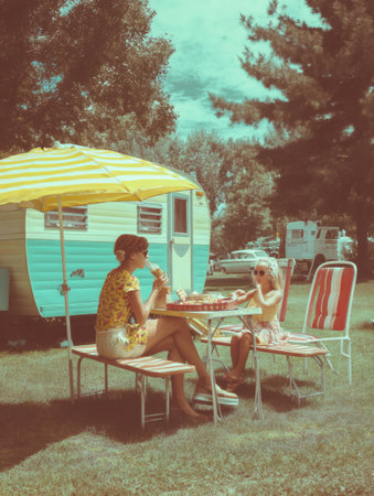 A joyful picnic takes place on a bright summer day, featuring two individuals savoring tasty treats beside a classic camper under a striped umbrella.の素材
