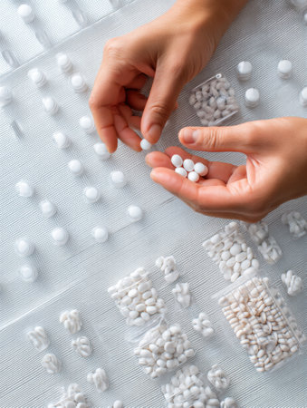 Hands expertly pour small white pills into a medical tray while organizing various types of medications in a pharmacy environment in the afternoon light.の素材