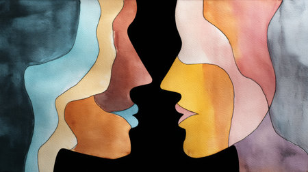 Two abstract silhouettes of faces in soft pastel colors convey a powerful sense of connection and understanding, highlighting the beauty of human interaction.の素材