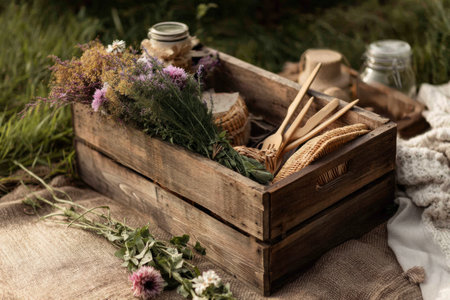 A rustic crate filled with utensils and snacks, adorned with wildflowers, ready for a peaceful outdoor picnic.の素材