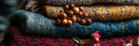 A collection of vibrant scarves features intricate patterns and textures, accompanied by dried berries, creating a charming display, perfect for autumn styling.の素材