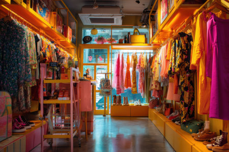 This charming boutique showcases colorful clothing and accessories, creating an inviting atmosphere that highlights its stylish selections.の素材
