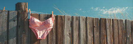 A striped swimsuit flutters on a wooden fence, caught in the wind, complementing a warm summer day with clear skies and serene surroundings.の素材