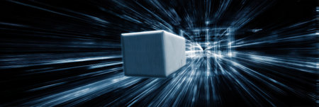 A parcel glides through intricate digital tunnels, surrounded by flowing data streams and a luminous backdrop, illustrating advanced technology in motion.の素材