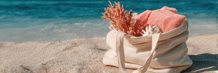 A sand-filled beach bag is half open, revealing a coral and a folded towel, set against a backdrop of sparkling water and sand on a bright day.の素材