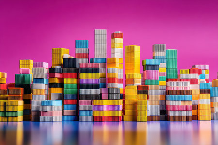 Brightly colored parcels form a playful city skyline on a vibrant backdrop, sparkling creativity and artistic interpretation.の素材