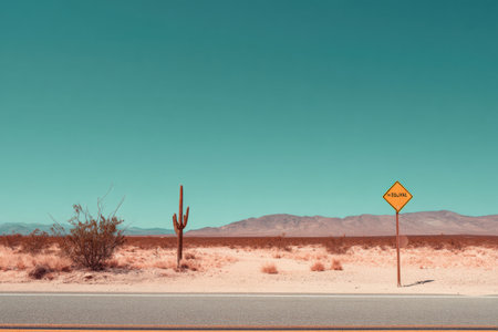A tranquil desert highway stretches into the distance, marked by a single road sign and a solitary cactus against a backdrop of serenity and vastness.の素材