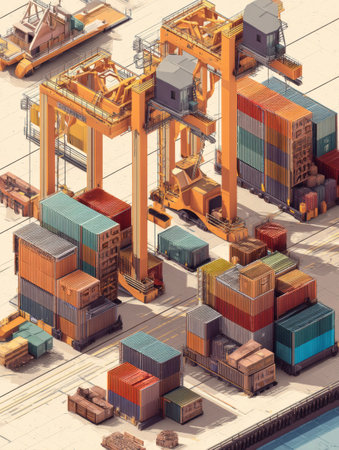 Detailed view of a bustling cargo port with colorful containers stacked high, loading cranes in action, and various vehicles engaged in logistics activities.の素材