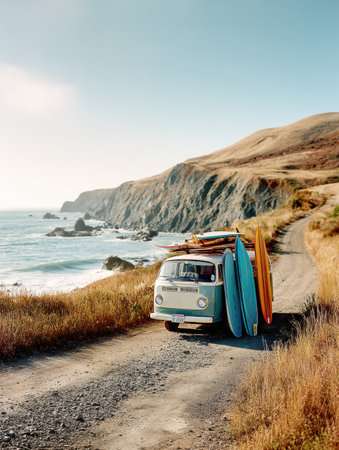 A classic travel van rests along a picturesque coastal road, with several surfboards mounted on top, inviting adventure by the oceans edge.の素材