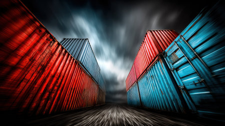 Red and blue shipping containers clash dramatically in mid-air, framed by stormy clouds, conveying a sense of motion and tension in the atmosphere.の素材