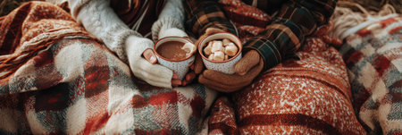 Couple cuddles together on a chilly day, sharing hot cocoa topped with marshmallows while wrapped in warm, knitted blankets during a winter picnic.の素材