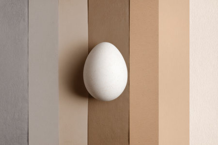 A white egg silhouette stands against a pale neutral gradient backdrop featuring soft tones of beige and gray, creating a serene and minimalist composition.の素材