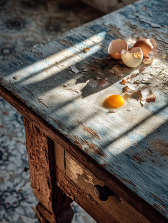A warm sunbeam casts delicate shadows on a weathered table, highlighting the broken eggshell and bright yolk resting amid rustic surroundings.の素材