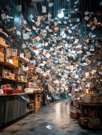 Floating prices above shelves create a magical atmosphere in a vibrant shop filled with intriguing products and whimsical decor.の素材