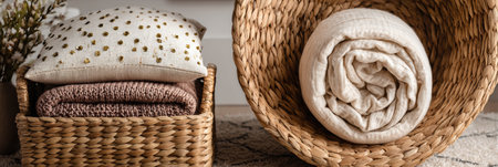 Woven baskets hold neatly folded pillows and blankets, creating a warm atmosphere in a tranquil room filled with natural light.の素材