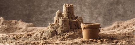 A once-grand sandcastle lies in ruins next to a tiny bucket, highlighting the effects of the tide on a beautiful coastal landscape.の素材