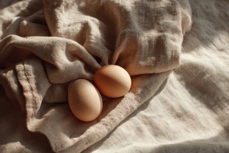 Fresh eggs are softly illuminated by natural light as they rest on a wrinkled linen towel, creating a warm and inviting country aesthetic in a kitchen.の素材