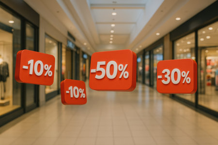 Bright red discount signs floating in a shopping mall hall, highlighting various percentages off as customers stroll by during a busy sale event.の素材