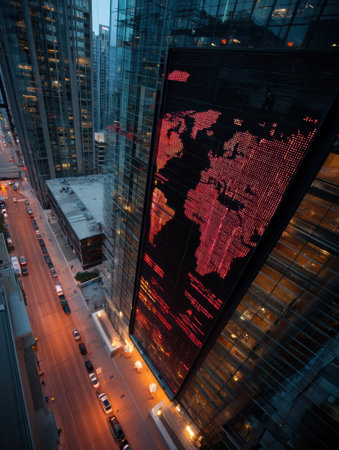 Illuminated digital billboard showcases a world map filled with real-time order information, reflecting a vibrant urban atmosphere in the evening.の素材