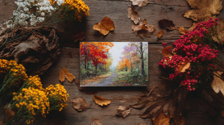 A painted postcard features a winding path through an autumn landscape with colorful trees. It rests on a wooden table adorned with dried foliage and flowers.の素材