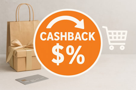 A promotional cashback offer highlighted with a shopping bag and payment card on a simple background, illustrating savings from purchases.の素材