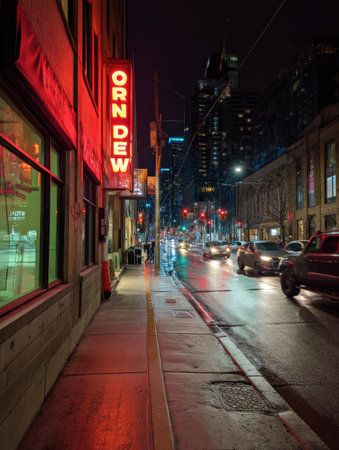 Street at night filled with glowing Order Now signs, reflecting on rainy pavement, creating a lively urban atmosphere in a vibrant city.の素材