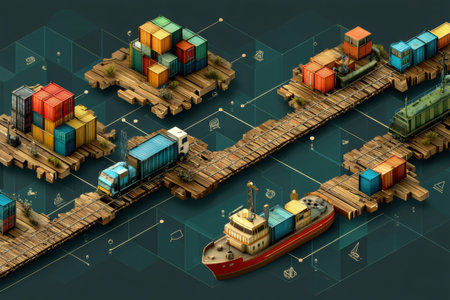 Cargo containers float away from a fragmented trade route map depicted in isometric view, showcasing transport vehicles and wooden docks.の素材